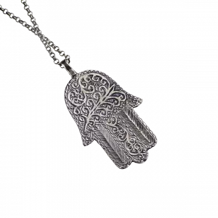 Long Silver Necklace with Hamsa adorned with "Grapevine" decorations