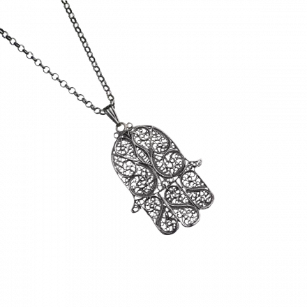 Long Silver Necklace with unique Yemenite filigree Hamsa