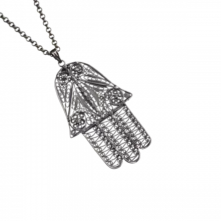 Silver Necklace with large Hamsa pendant adorned with Yemenite filigree work
