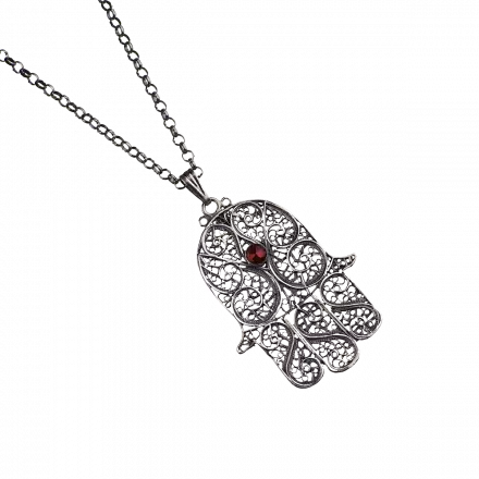Silver Necklace with medium-sized dainty filigree Hamsa pendant set with Carnelian stone