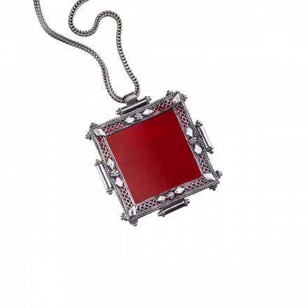 Silver Necklace with stunning square Carnelian Pendant wrapped in silver and filigree decorations
