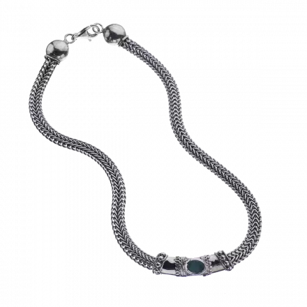 Silver Plait Necklace with handcrafted Yemenite decoration set with Roman glass