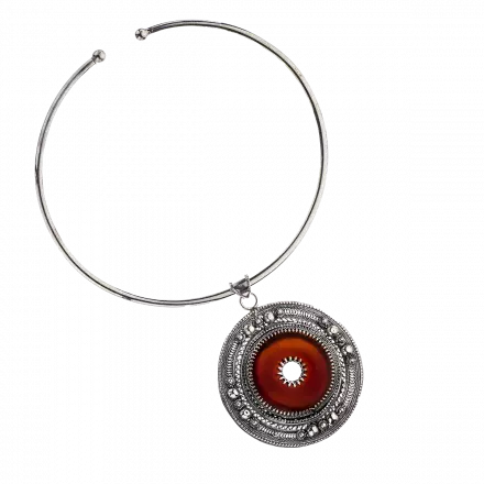 Silver Collar Necklace with stunning handcrafted pendant, filigree decorations and an inset carnelian stone