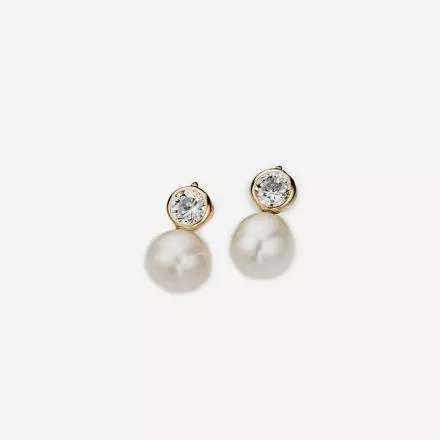 9K Gold Earrings with Bezel Setting Zircon and Pearl