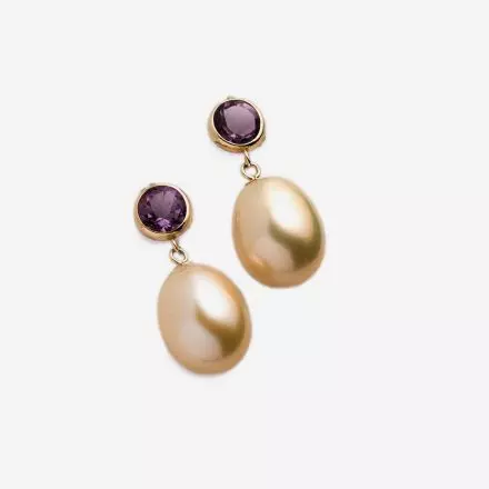 9K Gold and Amethyst Stud Earrings with Dangling Pearl