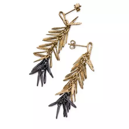 Tiny Rosemary Leaves Silver Earrings with Gilded and Antique Finishes