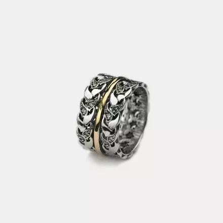 Silver and 9k Gold Leaves Ring set with Zircons