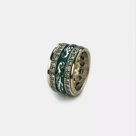 Silver and 9k Gold Ring set with two Zircon and Green Enamel
