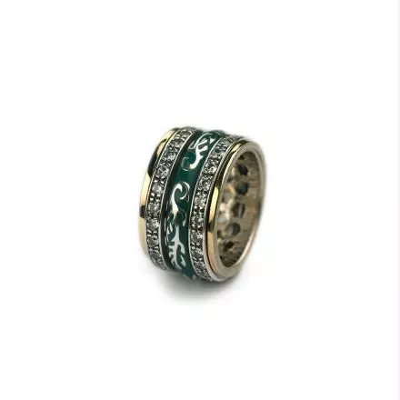 Silver and 9k Gold Ring set with two Zircon and Green Enamel