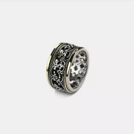 Silver Spinning Ring adorned with Flower Decorations and 9k Gold stripes