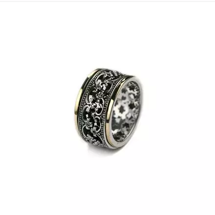 Silver Ring adorned with Flower Decorations and 9k Gold stripes