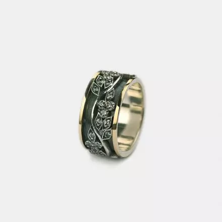 Silver Ring adorned with Silver Zircon Leaves and 9k Gold stripes