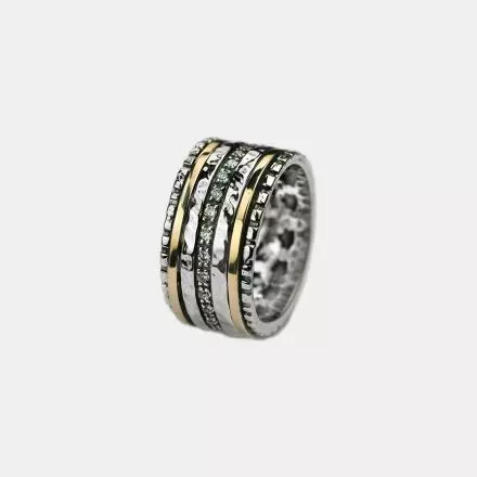 Silver Ring with Zircon Band and Two Spinning 9k Gold hoops