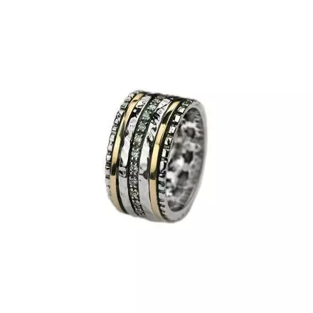Silver Ring with Zircon Band and Two Spinning 9k Gold hoops