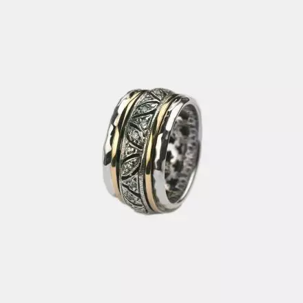 Silver Ring with decorative center Band and 2 Spinning 9k Gold hoops