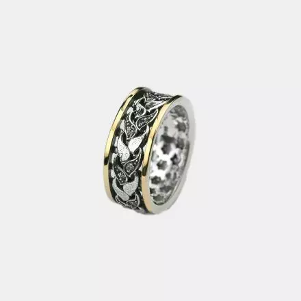 Silver Ring with center leafy design set with Zircon and 9k Gold stripes