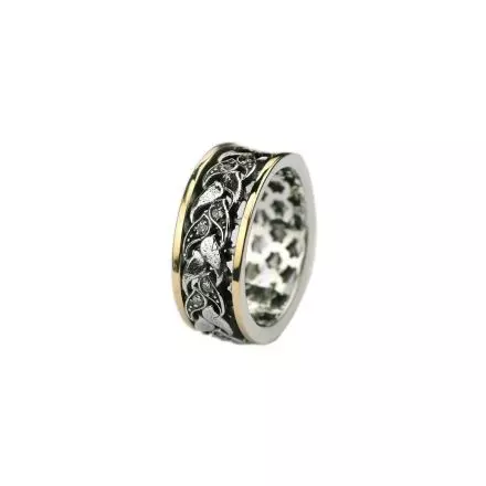 Silver Ring with center leafy design set with Zircon and 9k Gold stripes