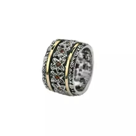 Silver Ring with center Garnet Flowers bordered with 9k Gold stripes