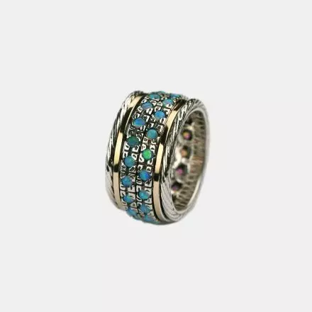 Silver Ring with 2 Opal Bands in the center bordered with 9k Gold stripes