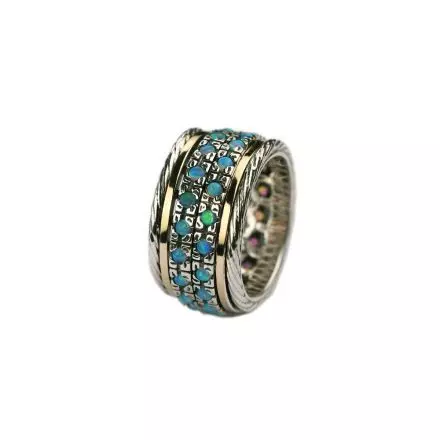 Silver Ring with 2 Opal Bands in the center bordered with 9k Gold stripes