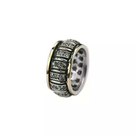 Engraved Convex Silver Ring with Zircons and 9k Gold stripes