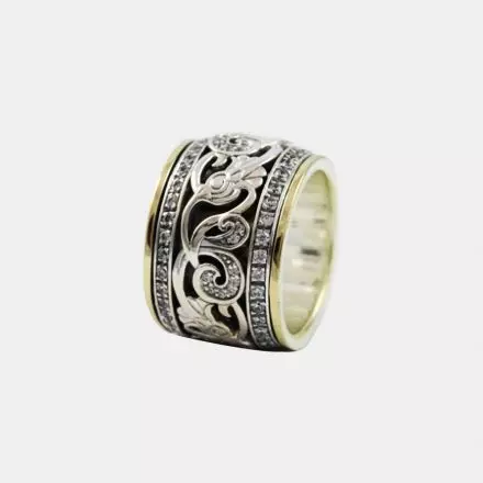 Wide Silver Ring decorated with Arabesques and 2 Silver Zircon Bands bordered by 9k Gold Bands