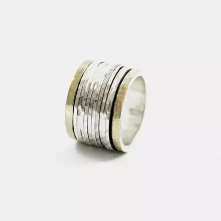 Wide hammered Silver Spinning Ring with 9k Gold Borders