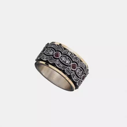 Wide Triple Braid Silver Ring set with Garnets and Zircons and bordered with 9k Gold