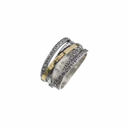 Silver Ring with zircon and 9K gold stripe 