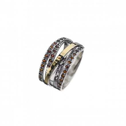 Hammered Silver Ring wrapped with 9k Gold bands set with Garnets