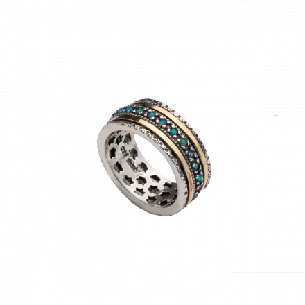 Wide Silver Ring with center hoop set with Opal and bordered with 9k Gold