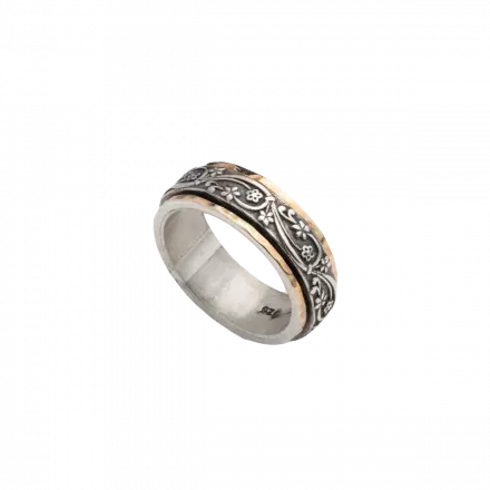 Silver Ring with decorative rotating silver center hoop bordered with 9k Gold