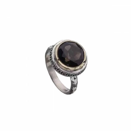 Silver and 9k Gold Ring with Smoky Quartz and Zircons