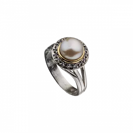 Silver and 9K Gold Ring with Pearl and zircon 