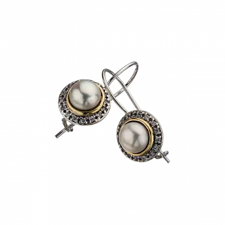 Silver and 9K Gold Earrings with Pearl and zircon 