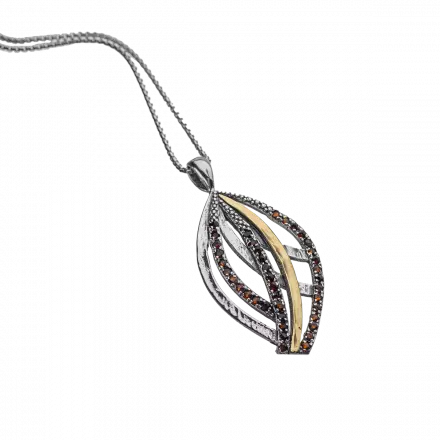 Silver Necklace with 3-dimensional leaf pendant accented with 9k Gold and Garnets