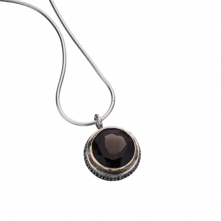 Silver and 9k Gold Necklace with Smoky Quartz and Zircons