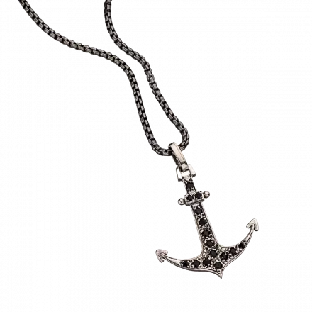 Silver Necklace with Anchor Shape Pendant with Black Spinel