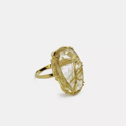 14k Gold Ring with delicately inlaid, and almost indistinguishable, Golden Rutile Quartz