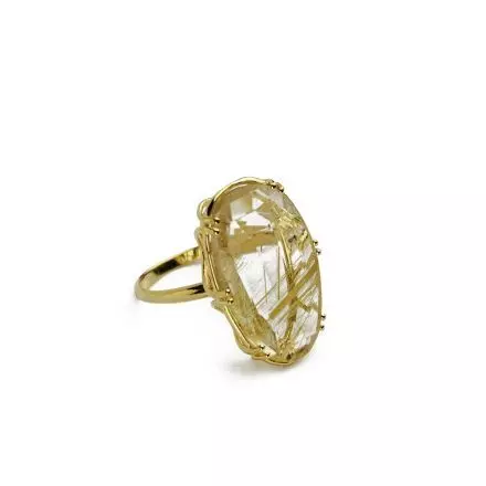 14k Gold Ring with delicately inlaid, and almost indistinguishable, Golden Rutile Quartz