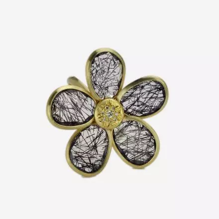 14K Gold Flower Ring with Black Rutile Quartz and Diamonds 