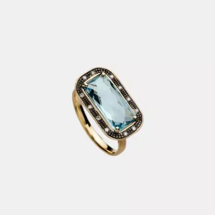 14K Gold Ring with Blue Topaz and Diamonds 0.06ct
