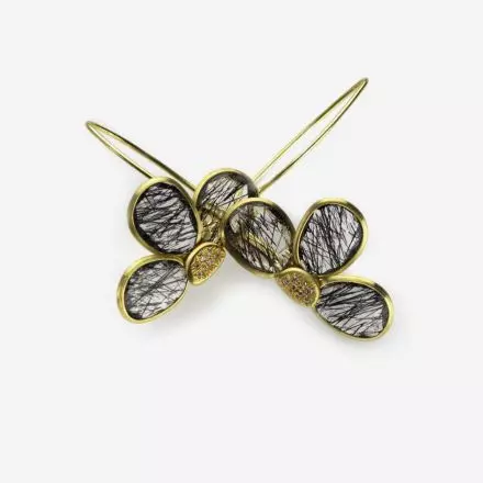 14k Gold 3-Petal Black Rutile Quartz Flower Earrings with center Diamonds 0.07ct