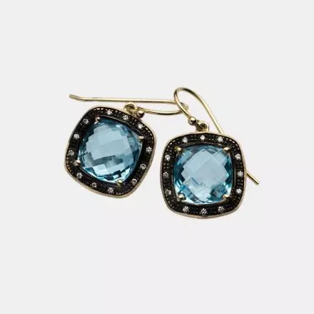 14K Gold Earrings with Blue Topaz, Rhodium and Diamonds 0.12ct