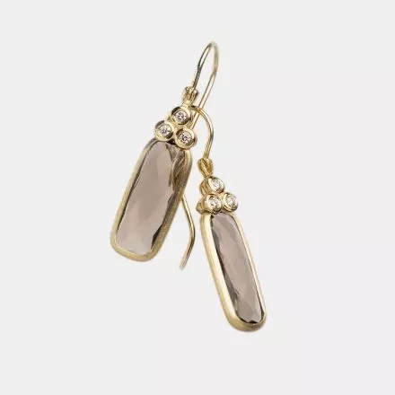 14K Gold Earrings Set with Smoky Quartz and Diamonds 0.06ct