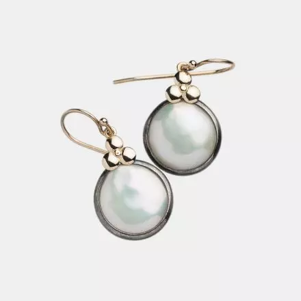 Fresh Water Button Pearl, 14K Gold, Blackened Silver Earrings