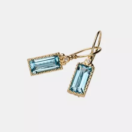 14K Gold Earrings Rectangular Blue Topaz and Diamond 0.03ct