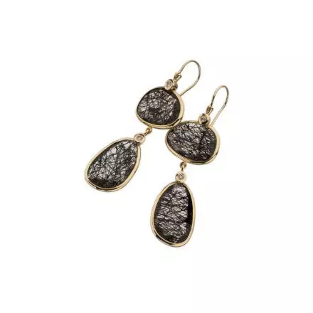 14k Gold Earrings with 2 Polki Black Rutile Quartz Stones and Diamonds 0.04ct