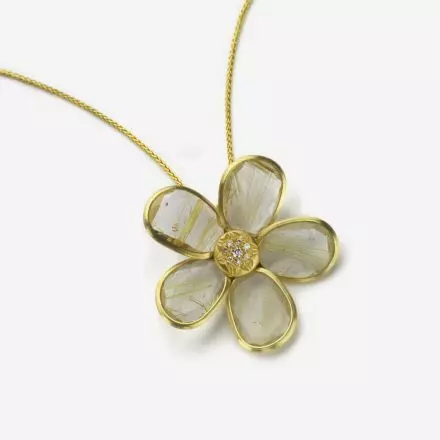 14K Gold Necklace with Gold Rutile Quartz and Diamonds 0.055ct Flower