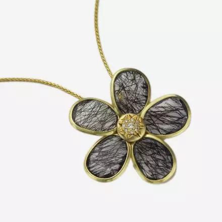 14K Gold Necklace with Black Rutile Quartz and Diamonds 0.055ct Flower